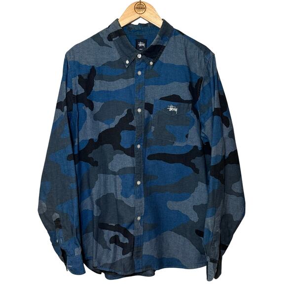 Stussy VTG Casual Button Front Shirt Blue Camouflage Long Sleeve Mens Size Large - Picture 1 of 11
